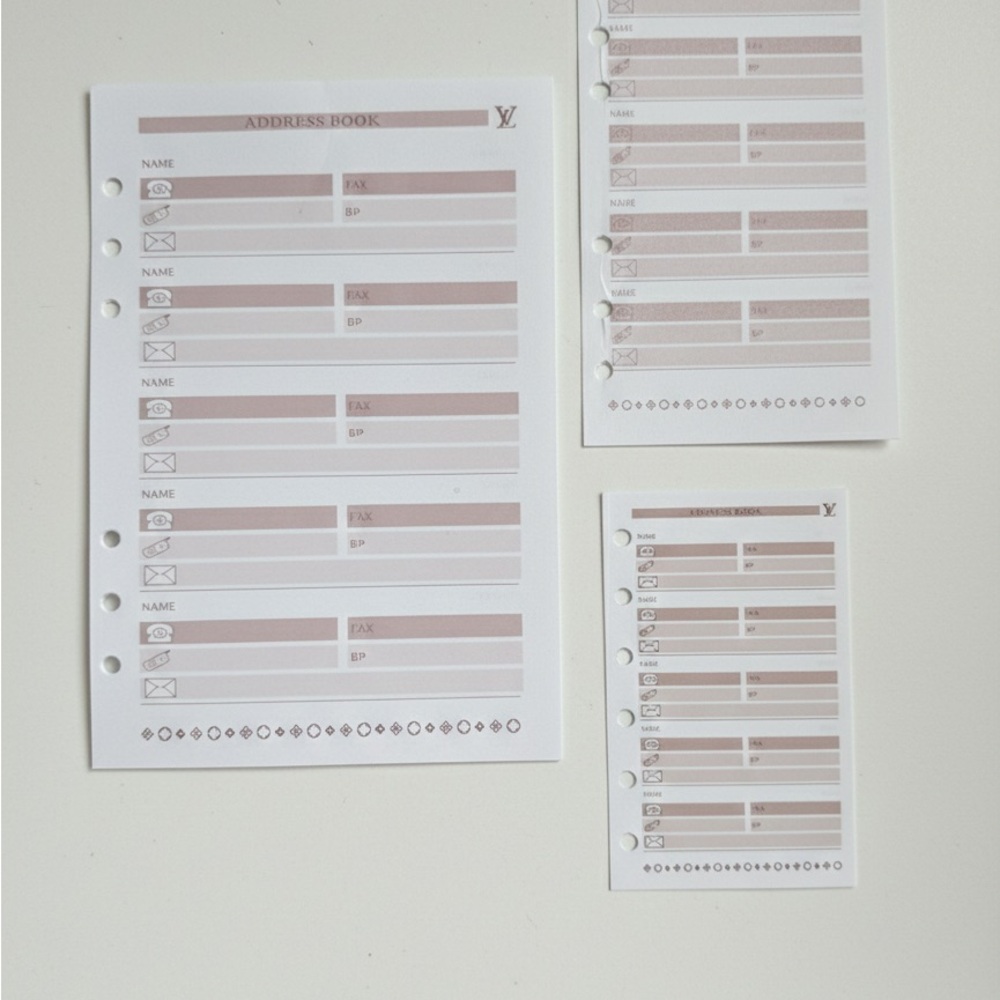 LV Agenda Address Sheets for A5, A6, A7 Book Pages